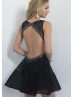 Black Tulle Beaded Sheer Backless Knee Length Prom Dress